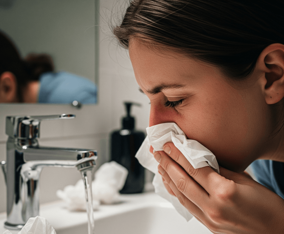 Lady with Cold/Flu blowing nose