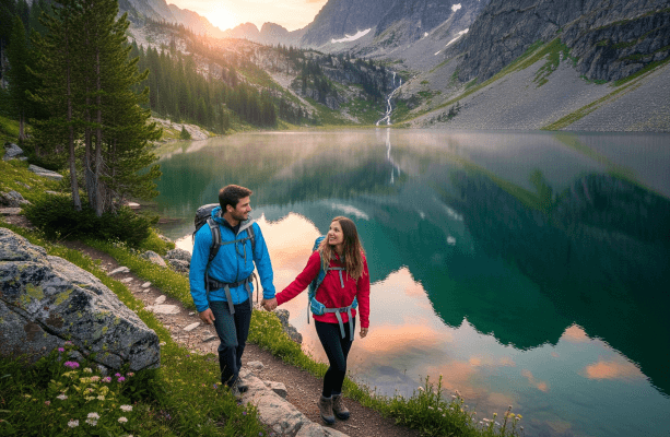 Couple walking next to a light. `