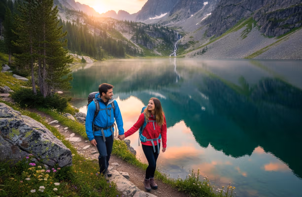 Couple walking next to a light. `