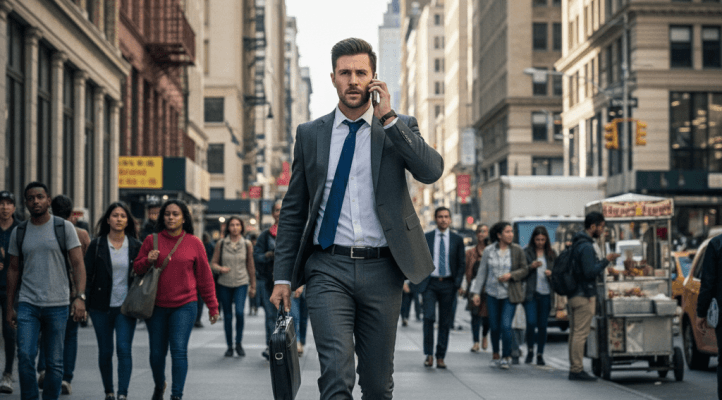 Person walking down a busy street.