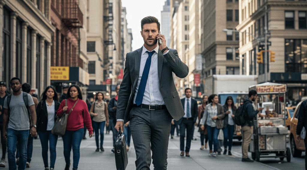 Person walking down a busy street.